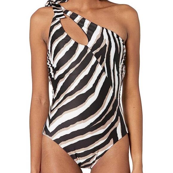 Trina Turk Standard Vivant Asymmetrical One Piece Swimsuit Animal Zebra 8 New - Picture 1 of 8